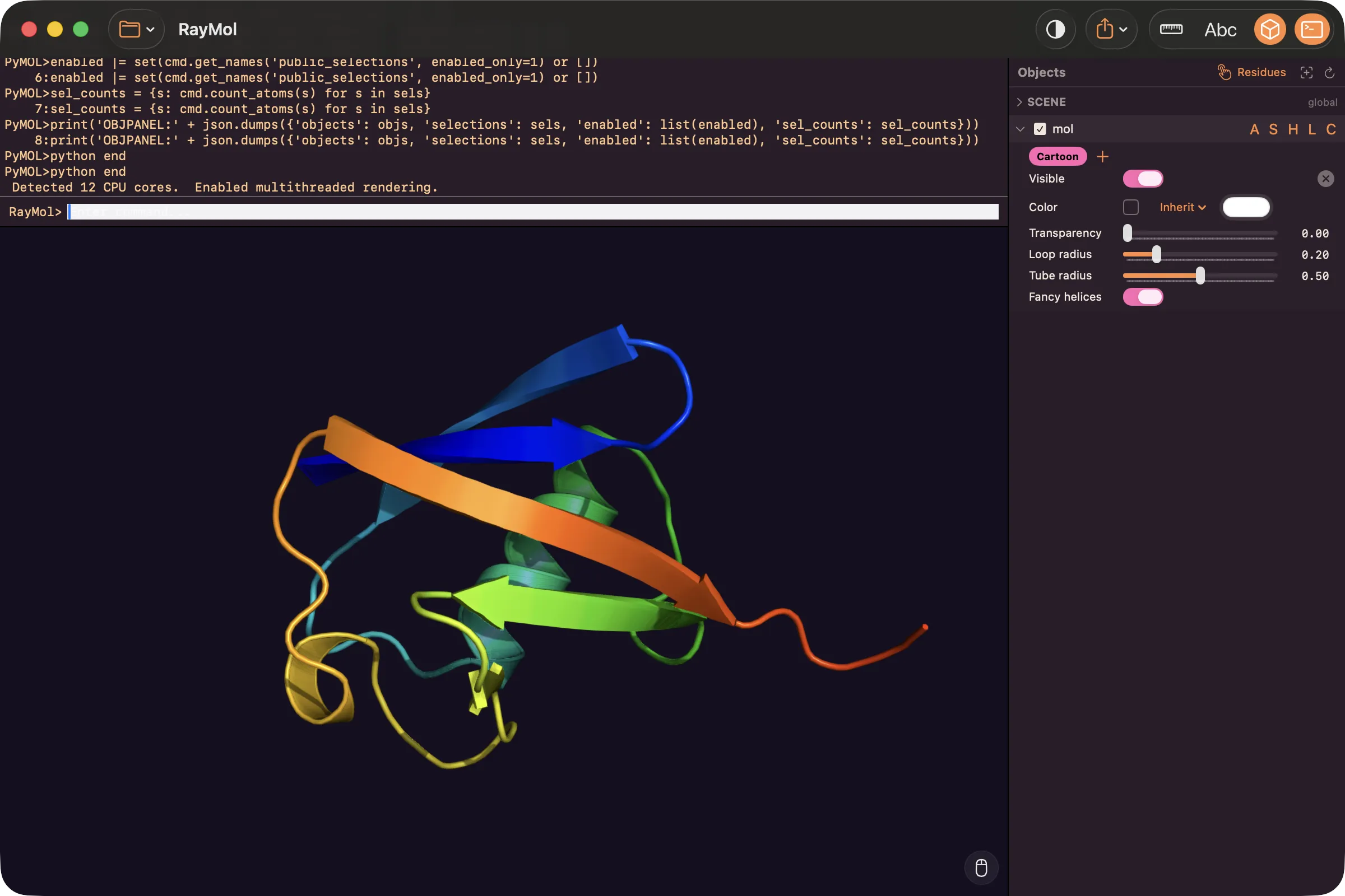Raymol on Mac with the representation inspector open — live sliders for transparency, loop radius, and tube radius