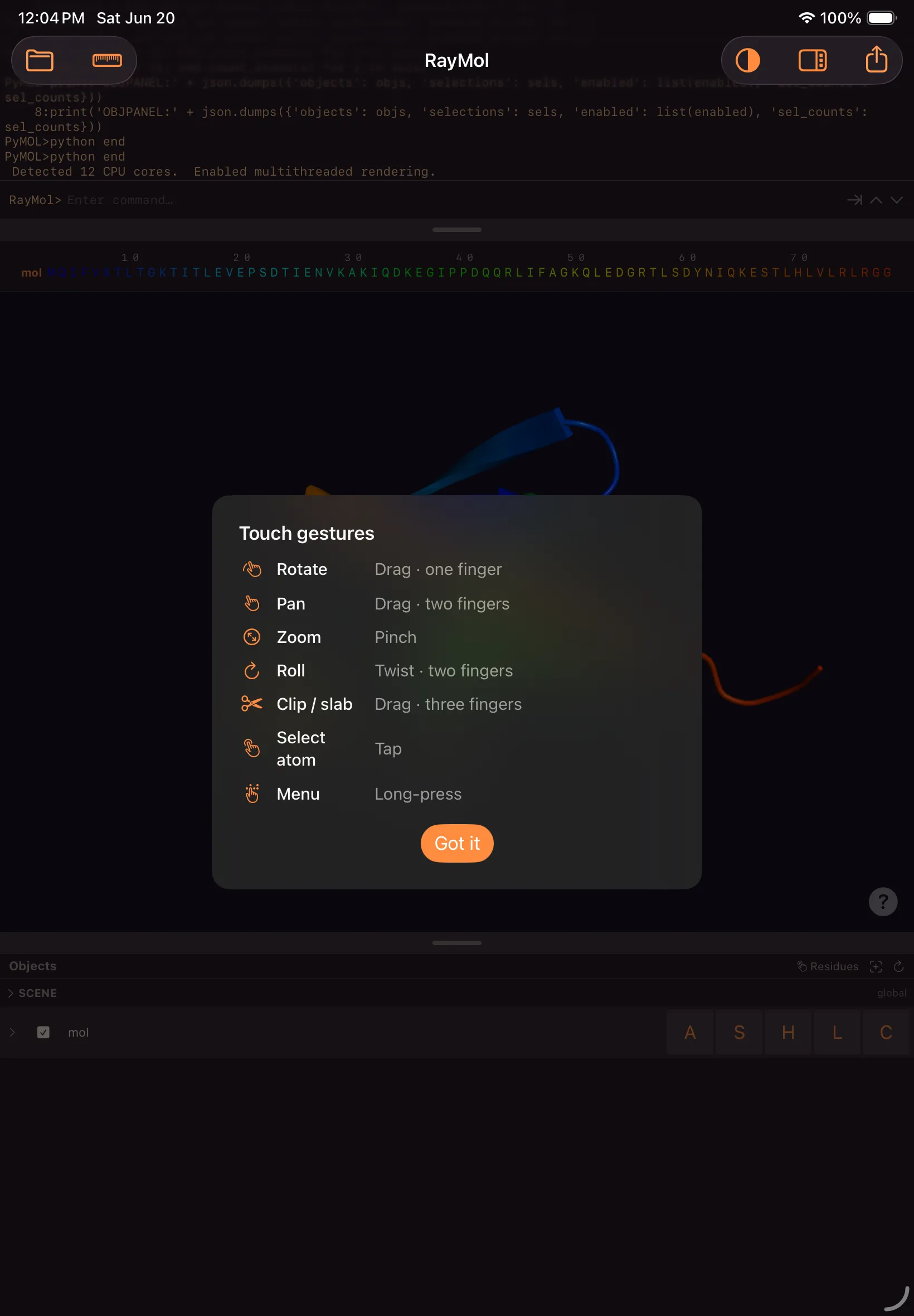 Raymol's touch gesture guide on iPad — rotate, pan, zoom, roll, clip, select